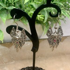 🧚Dangle Fairy Wings 🪽Purple Rhinestone Silver Tone Earrings Fantasy